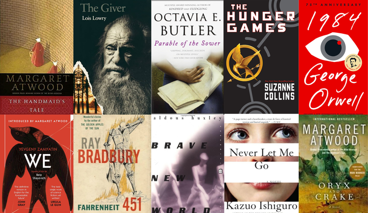 Image features the covers of 10 different books considered to be in the dystopian genre